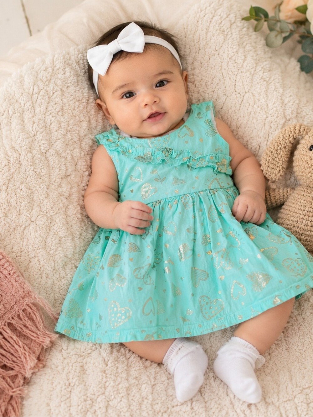 Nanette Baby Aqua & Gold Heart Print Dress 0-3M